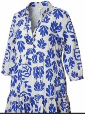 Women’s Blue & White Printed Tiered Coat Dress